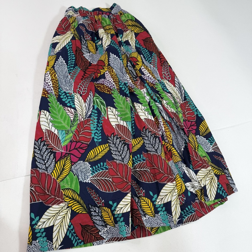 Grass-Fields Skirt Womens 6 Navy Multi Leaf‎ Print Elastic Waist Pockets A-Line